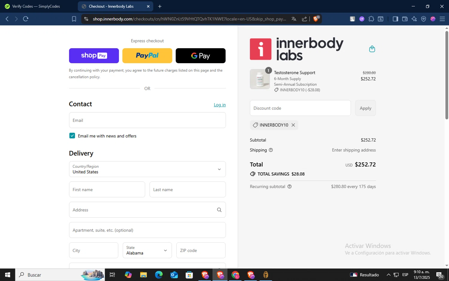Innerbody Research promo code screenshot showing code INNERBODY10 applied at Innerbody Research checkout page. Uploaded by SimplyCodes community member TokenSaver1205 on Jul 13, 2025