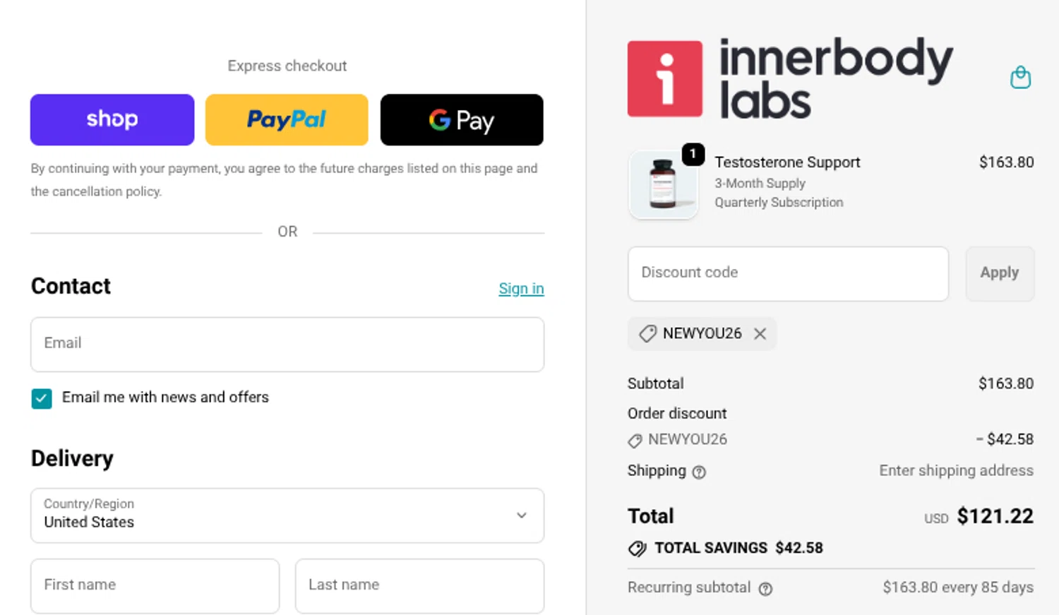 Innerbody Research promo code screenshot showing code NEWYOU26 applied at Innerbody Research checkout page. Uploaded by SimplyCodes community member Mosue17 on Dec 26, 2025