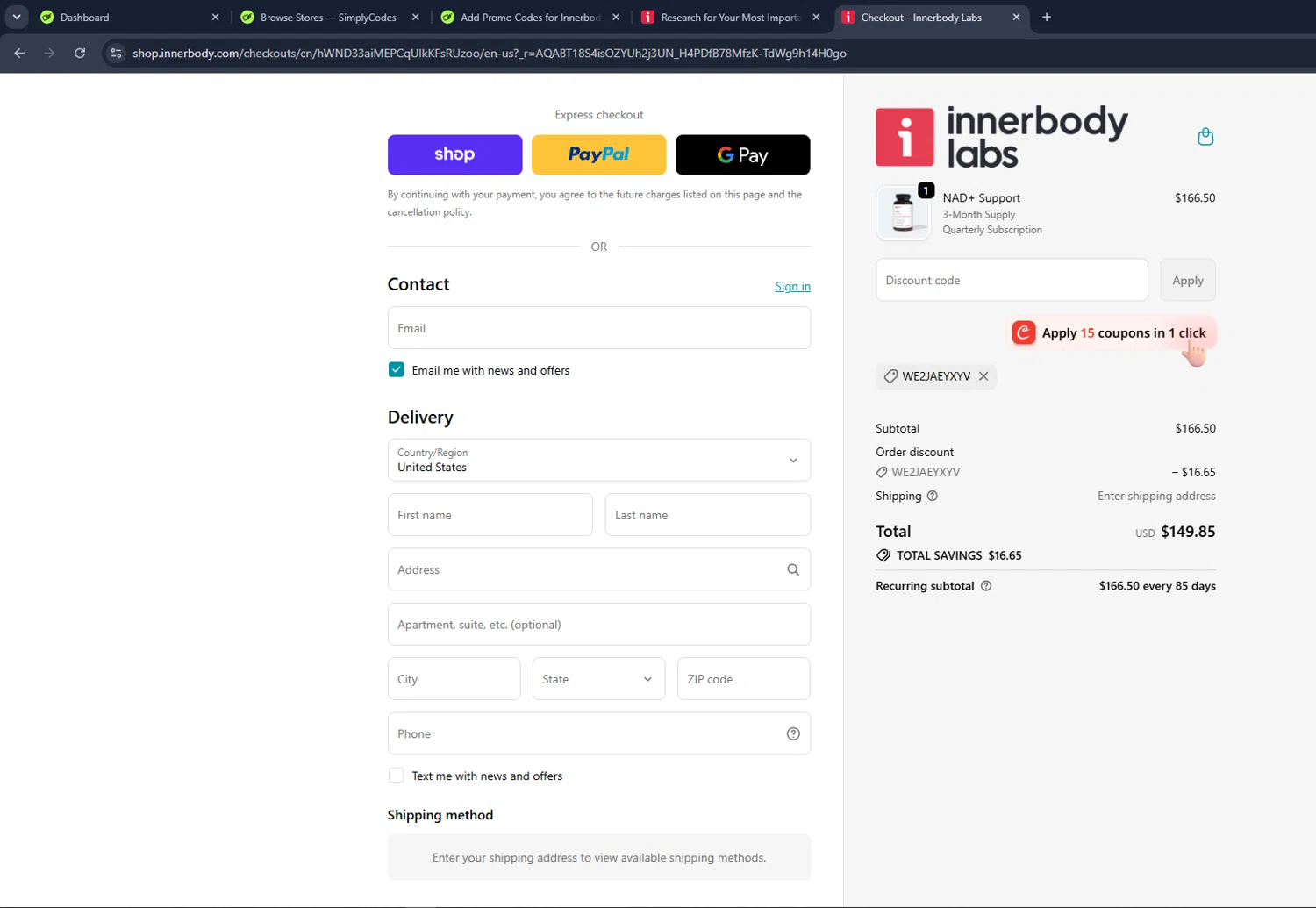 Innerbody Research promo code screenshot showing code WE2JAEYXYV applied at Innerbody Research checkout page. Uploaded by SimplyCodes community member VictoriousCaptain3902 on Jun 7, 2026