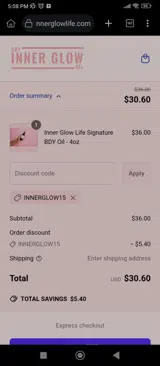 INNERGLOW15 coupon verification screenshot