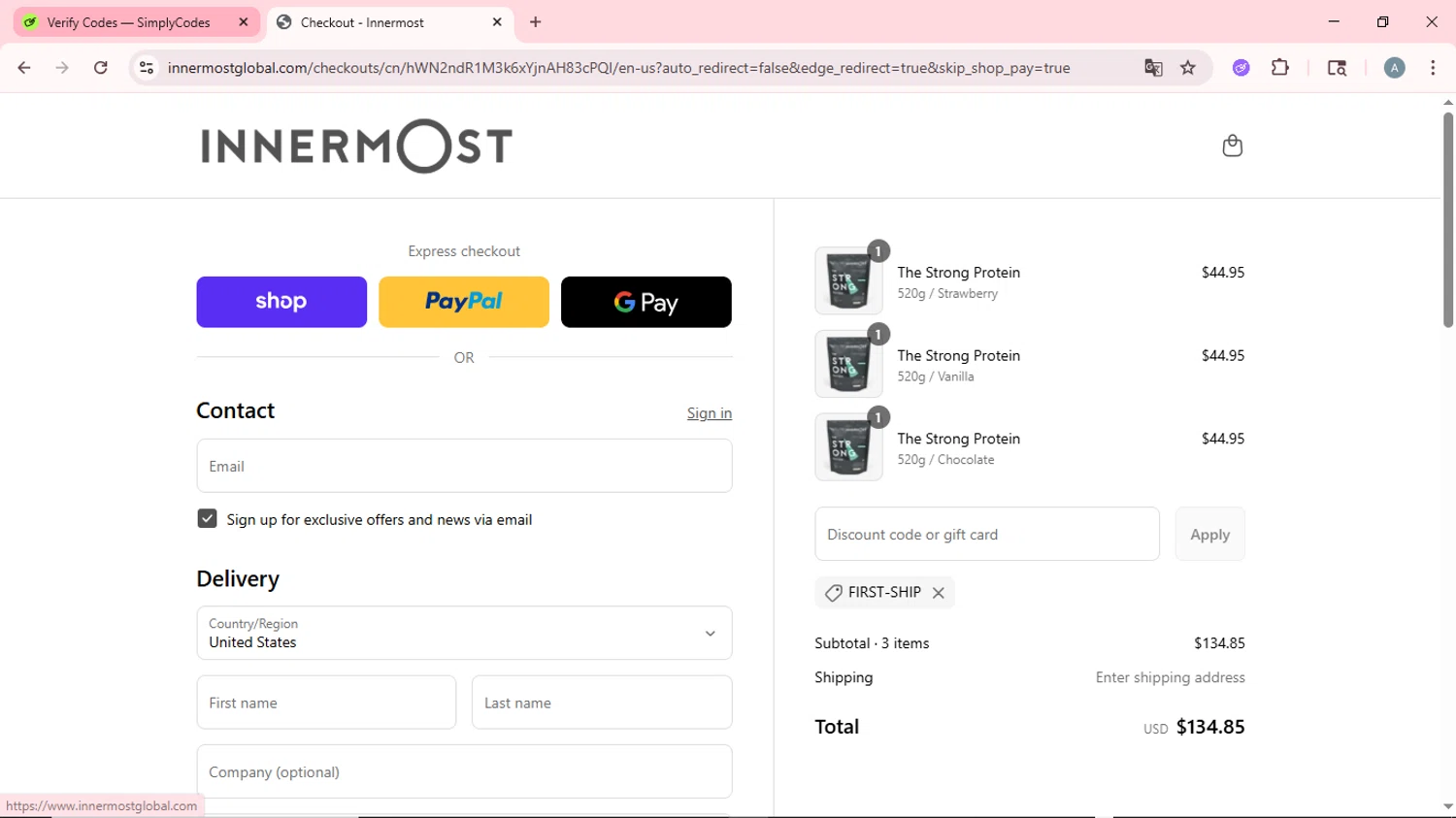 Innermost discount code screenshot showing code FIRST-SHIP applied at Innermost checkout page. Uploaded by SimplyCodes community member CrownSpotter6947 on Sep 10, 2025