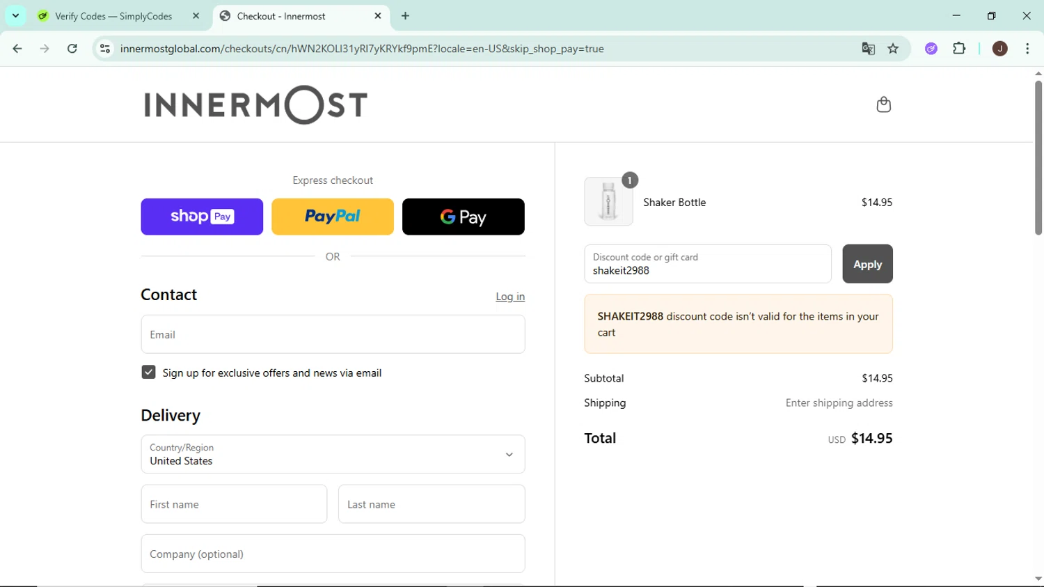 Innermost discount code screenshot showing code shakeit2988 applied at Innermost checkout page. Uploaded by SimplyCodes community member LegendaryAce8627 on Aug 28, 2025