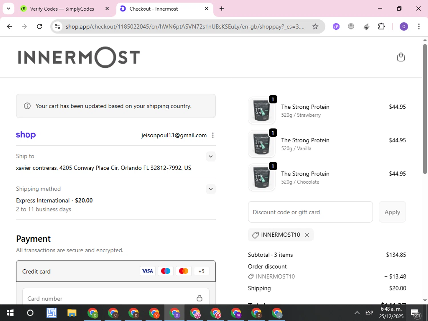 Innermost discount code screenshot showing code INNERMOST10 applied at Innermost checkout page. Uploaded by SimplyCodes community member CleverLynx8245 on Dec 25, 2025