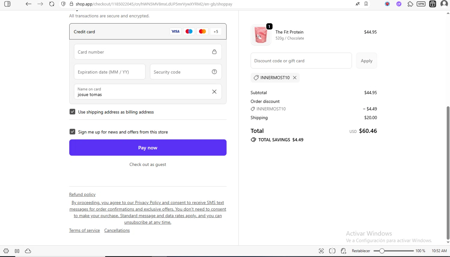 Innermost discount code screenshot showing code INNERMOST10 applied at Innermost checkout page. Uploaded by SimplyCodes community member luissilva2 on Nov 16, 2025