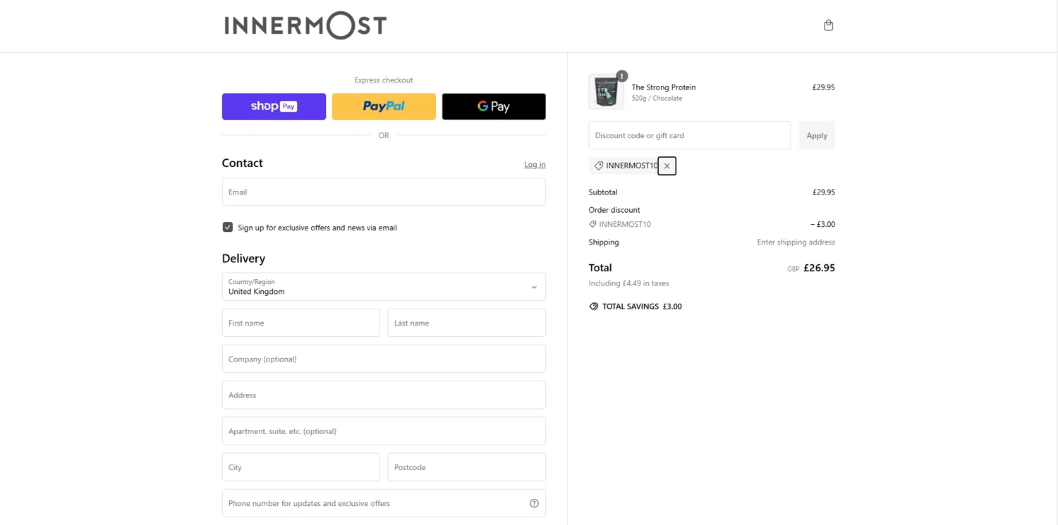 Innermost discount code screenshot showing code INNERMOST10 applied at Innermost checkout page. Uploaded by SimplyCodes community member melano on Jan 26, 2025