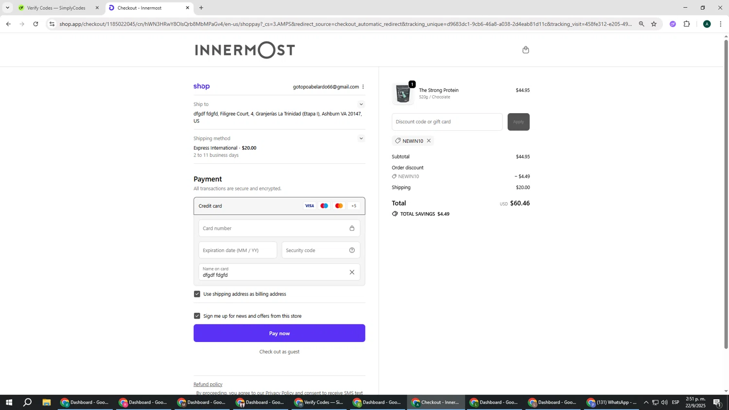 Innermost discount code screenshot showing code NEWIN10 applied at Innermost checkout page. Uploaded by SimplyCodes community member HAOJIN on Sep 22, 2025