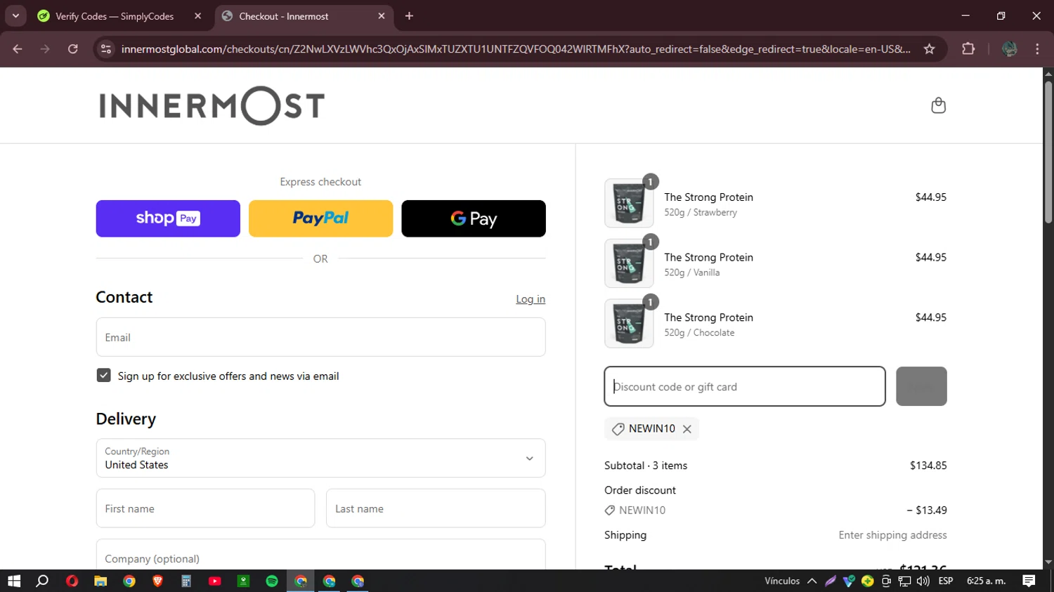 Innermost discount code screenshot showing code NEWIN10 applied at Innermost checkout page. Uploaded by SimplyCodes community member Mr_Allighieri on Apr 17, 2025
