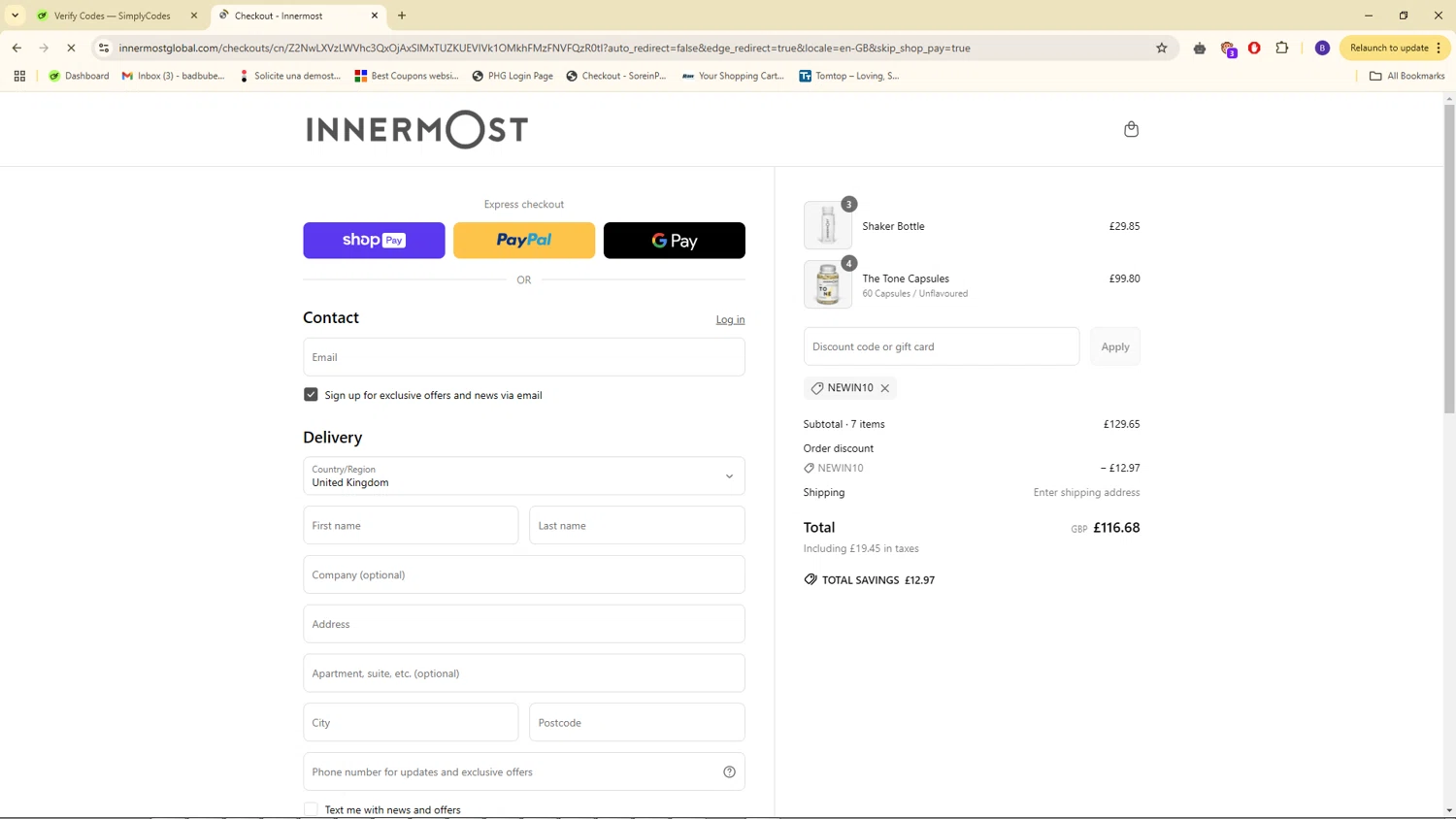 Innermost discount code screenshot showing code NEWIN10 applied at Innermost checkout page. Uploaded by SimplyCodes community member WiseSeeker4854 on Apr 17, 2025