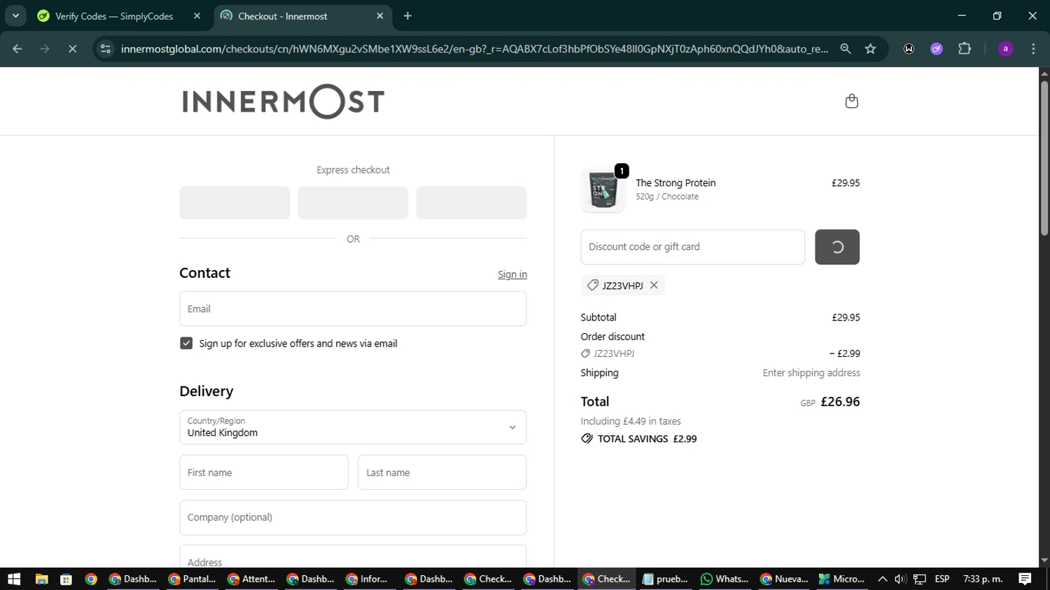 Innermost discount code screenshot showing code JZ23VHPJ applied at Innermost checkout page. Uploaded by SimplyCodes community member CoinElite8997 on Dec 12, 2025