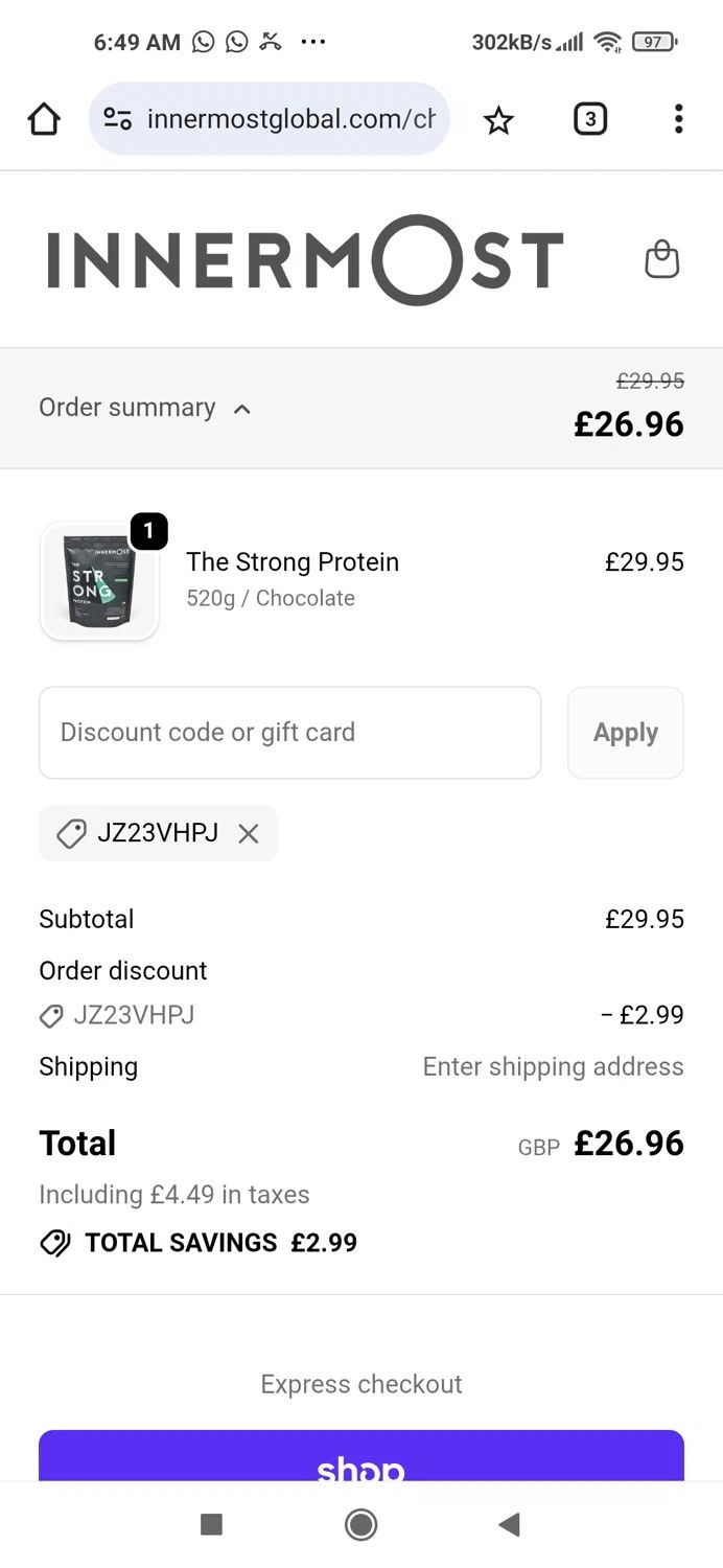 Innermost discount code screenshot showing code JZ23VHPJ applied at Innermost checkout page. Uploaded by SimplyCodes community member Piolin on Dec 25, 2025