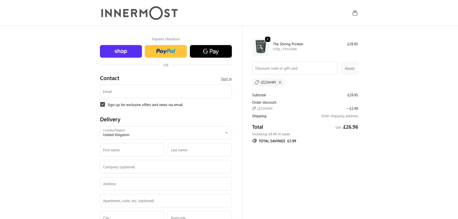 Innermost discount code screenshot showing code JZ23VHPJ applied at Innermost checkout page. Uploaded by SimplyCodes community member Dorothy on Oct 22, 2025
