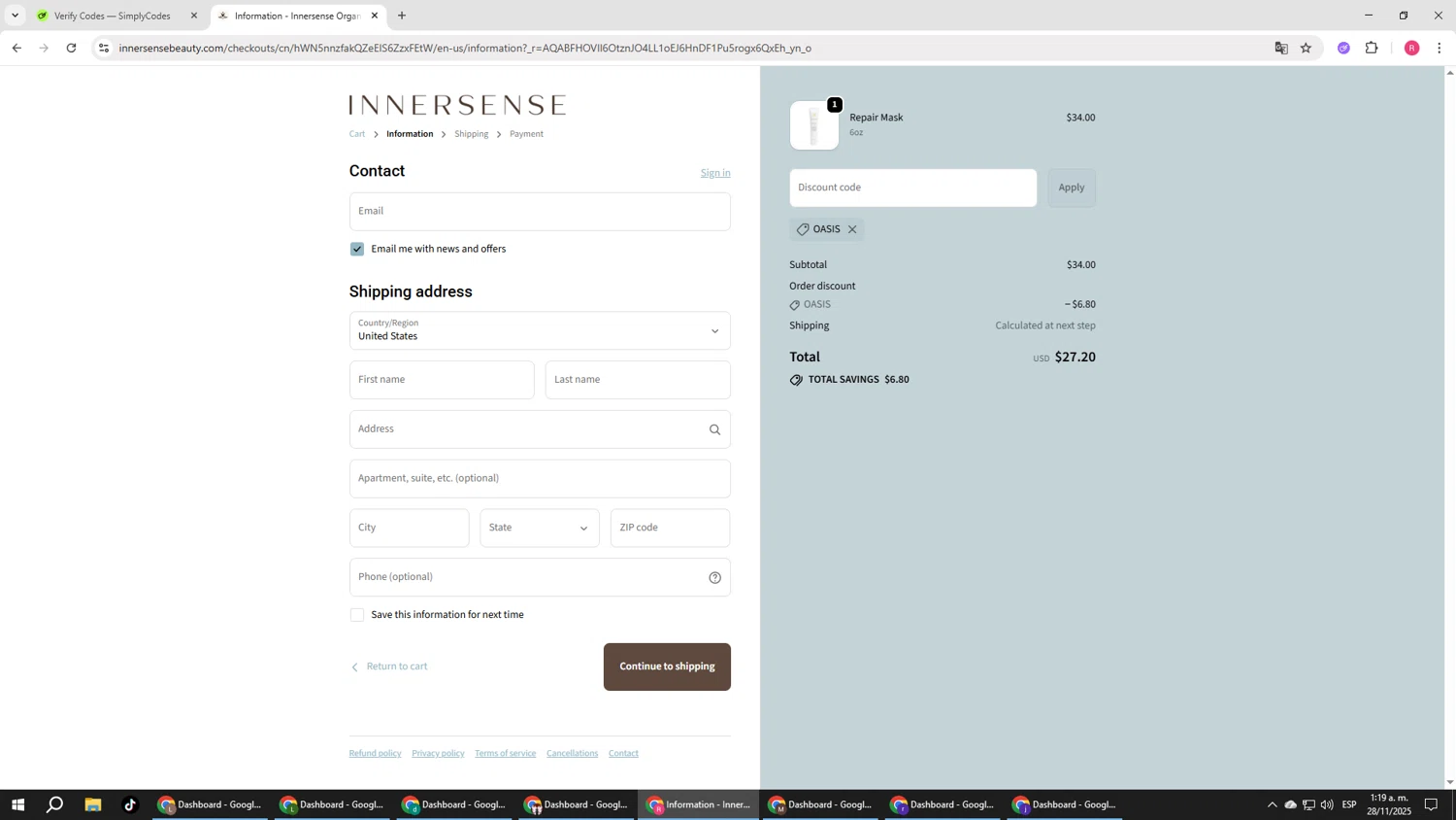 Innersense Organic Beauty coupon code screenshot showing code oasis applied at Innersense Organic Beauty checkout page. Uploaded by SimplyCodes community member TTTT55 on Nov 28, 2025