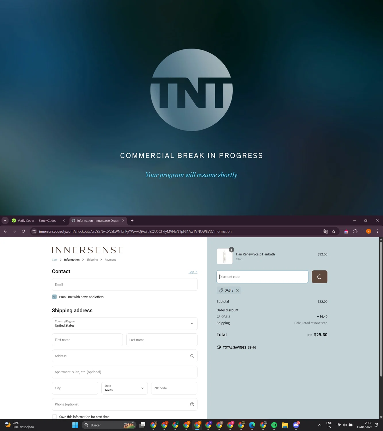 Innersense Organic Beauty coupon code screenshot showing code oasis applied at Innersense Organic Beauty checkout page. Uploaded by SimplyCodes community member davidsalazar on Apr 16, 2025