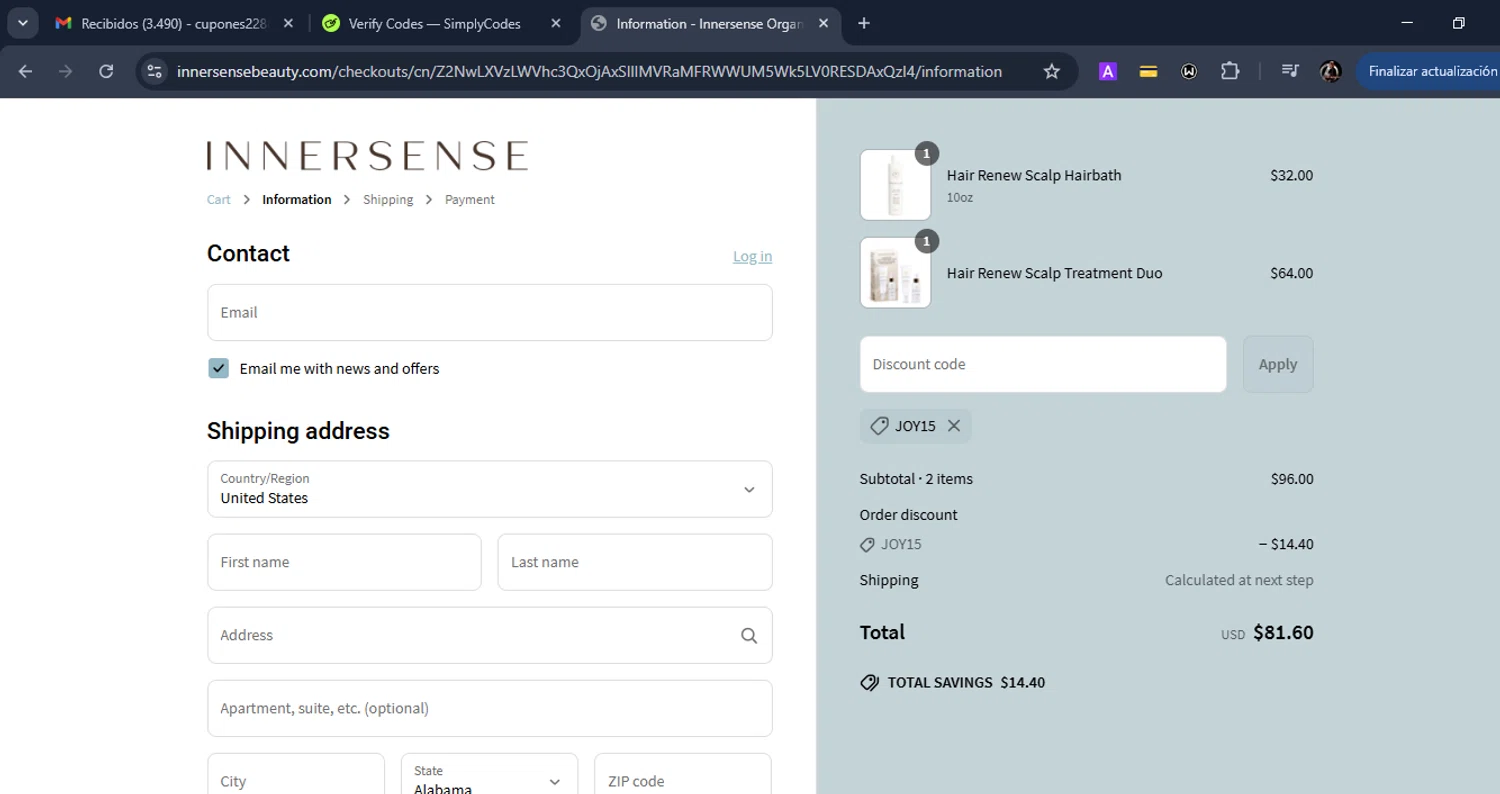 Innersense Organic Beauty coupon code screenshot showing code JOY15 applied at Innersense Organic Beauty checkout page. Uploaded by SimplyCodes community member Eduard on Jun 24, 2025