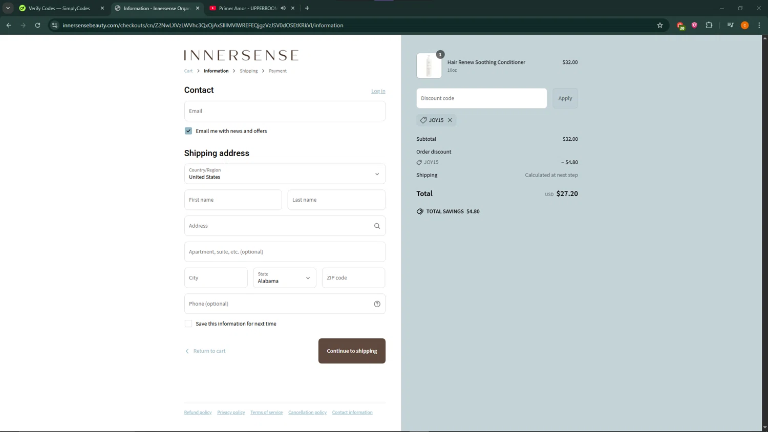 Innersense Organic Beauty coupon code screenshot showing code JOY15 applied at Innersense Organic Beauty checkout page. Uploaded by SimplyCodes community member ShrewdCaptain9911 on Jun 24, 2025