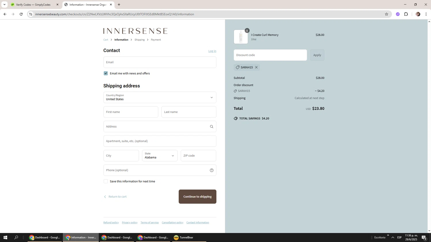 Innersense Organic Beauty coupon code screenshot showing code SARAH15 applied at Innersense Organic Beauty checkout page. Uploaded by SimplyCodes community member Levi_Ackerman on Jun 30, 2025