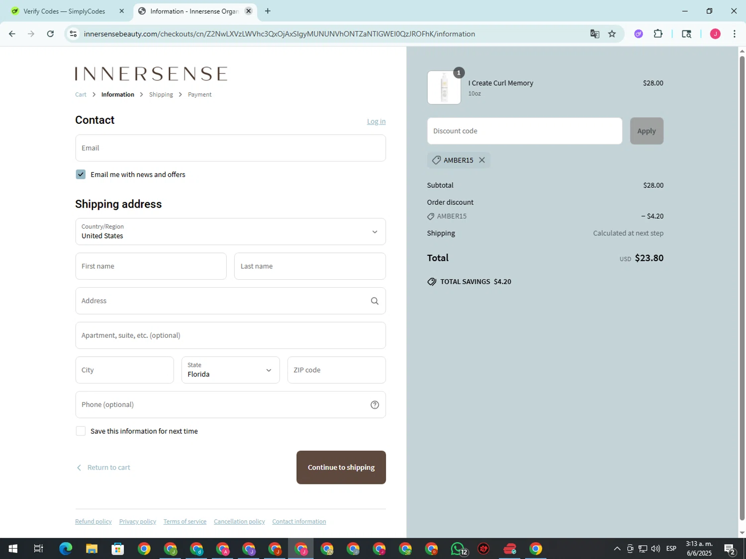 Innersense Organic Beauty coupon code screenshot showing code AMBER15 applied at Innersense Organic Beauty checkout page. Uploaded by SimplyCodes community member CleverShopper2101 on Jun 6, 2025