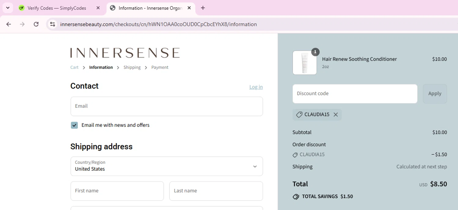 Innersense Organic Beauty coupon code screenshot showing code Claudia15 applied at Innersense Organic Beauty checkout page. Uploaded by SimplyCodes community member EnmanuelEDITOR on Aug 3, 2025