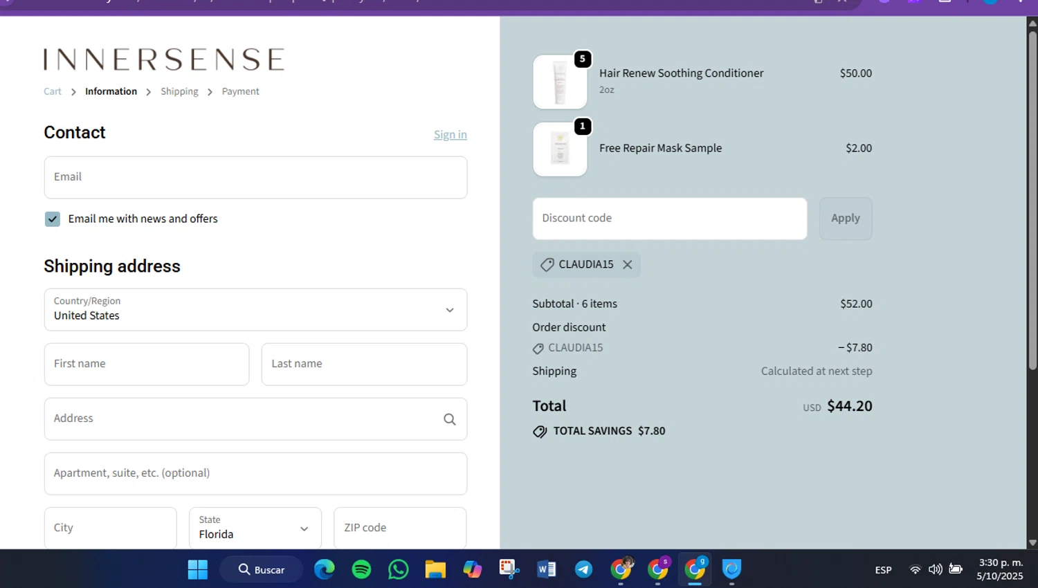 Innersense Organic Beauty coupon code screenshot showing code Claudia15 applied at Innersense Organic Beauty checkout page. Uploaded by SimplyCodes community member FrugalVirtuoso6318 on Oct 5, 2025
