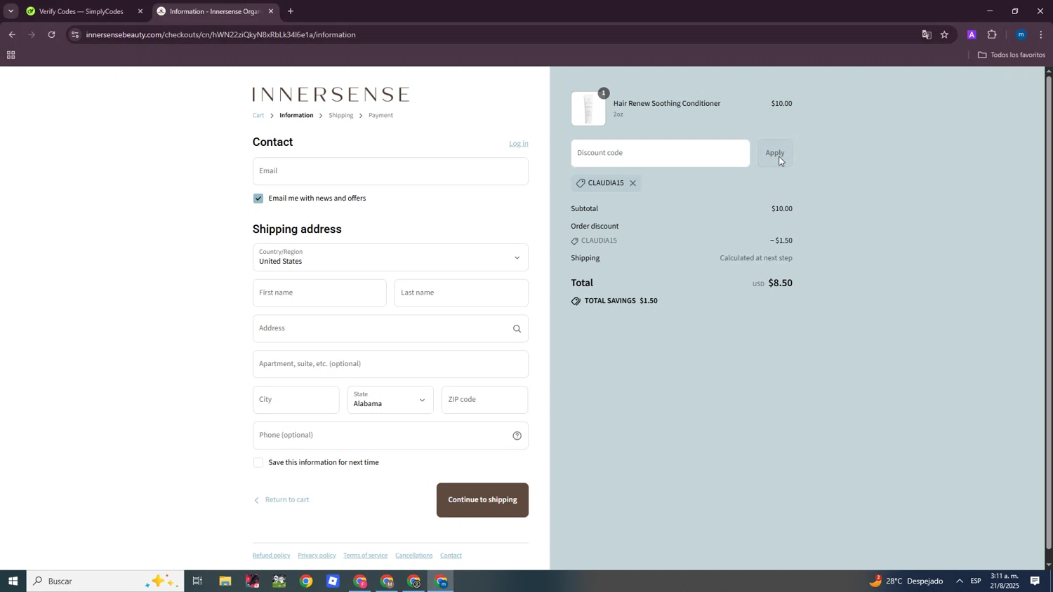 Innersense Organic Beauty coupon code screenshot showing code Claudia15 applied at Innersense Organic Beauty checkout page. Uploaded by SimplyCodes community member SmartWizard8062 on Aug 21, 2025