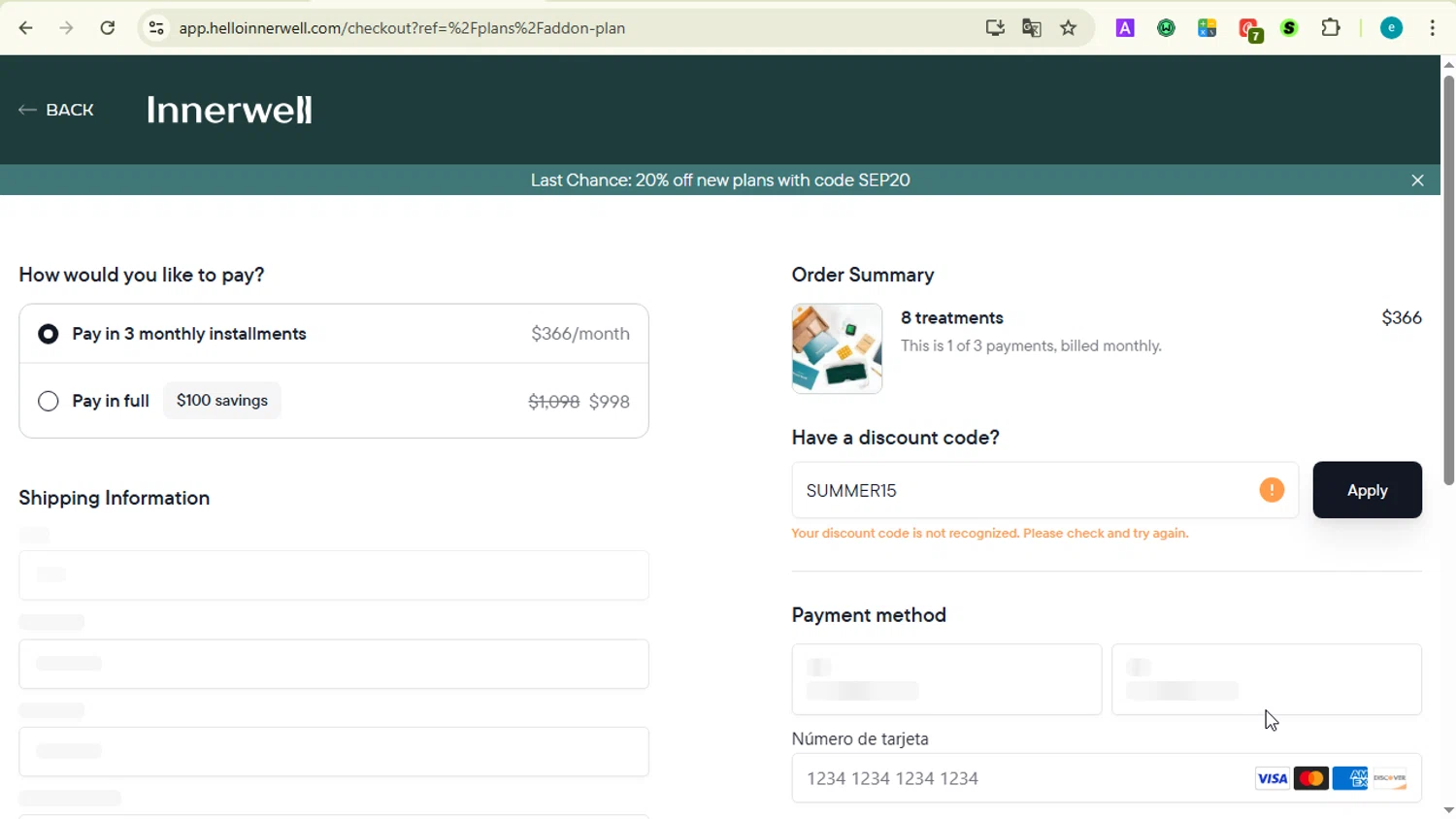 Innerwell discount code screenshot showing code SUMMER15 applied at Innerwell checkout page. Uploaded by SimplyCodes community member LOVECOUPON on Sep 29, 2025