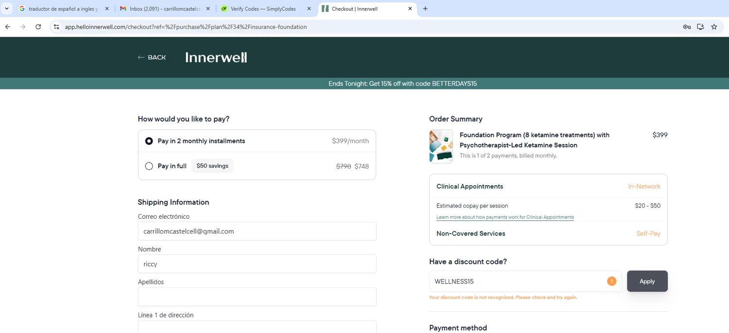 Innerwell discount code screenshot showing code WELLNESS15 applied at Innerwell checkout page. Uploaded by SimplyCodes community member MightyMaven4946 on Sep 15, 2025