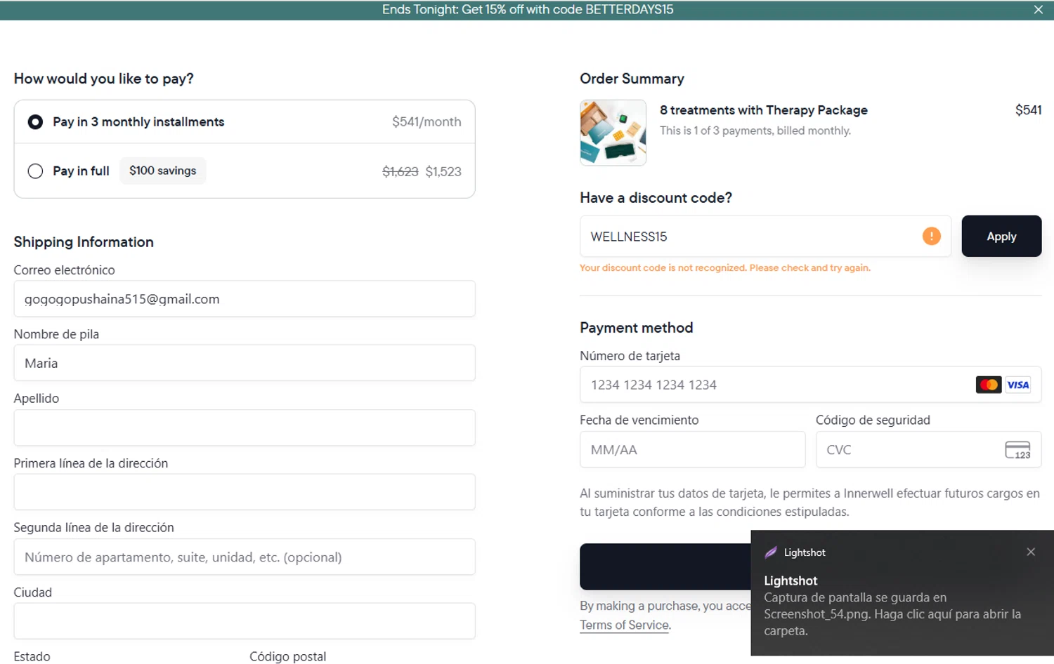 Innerwell discount code screenshot showing code WELLNESS15 applied at Innerwell checkout page. Uploaded by SimplyCodes community member SaleGuardian5536 on Sep 15, 2025