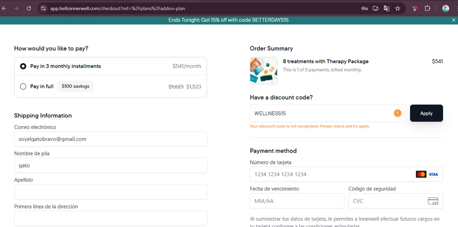 Innerwell discount code screenshot showing code WELLNESS15 applied at Innerwell checkout page. Uploaded by SimplyCodes community member elgatobravo on Sep 15, 2025