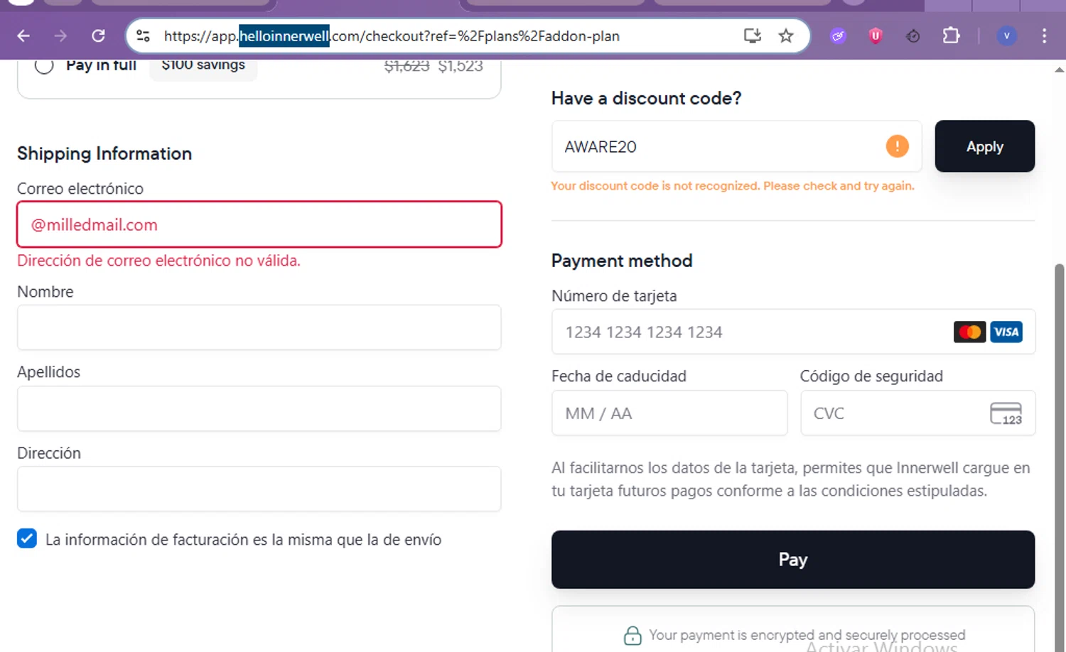 Innerwell discount code screenshot showing code AWARE20 applied at Innerwell checkout page. Uploaded by SimplyCodes community member beatrizcastillo on Nov 5, 2025
