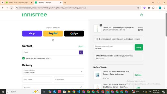 Innisfree checkout page showing Innisfree promo code box | Screenshot taken by SimplyCodes community member on Sep 12, 2025
