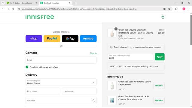 Innisfree checkout page showing Innisfree promo code box | Screenshot taken by SimplyCodes community member on Sep 12, 2025