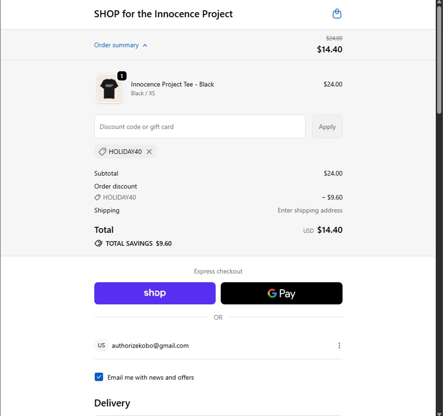 Innocence Project promo code screenshot showing code Holiday40 applied at Innocence Project checkout page. Uploaded by SimplyCodes community member PillarsofCreation on Nov 28, 2025