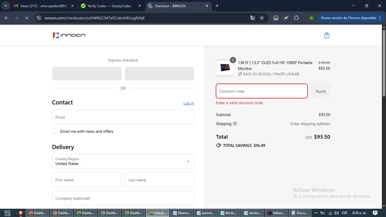 Innocn discount code screenshot showing code SASCODE5 applied at Innocn checkout page. Uploaded by SimplyCodes community member CashLynx5338 on Aug 25, 2025