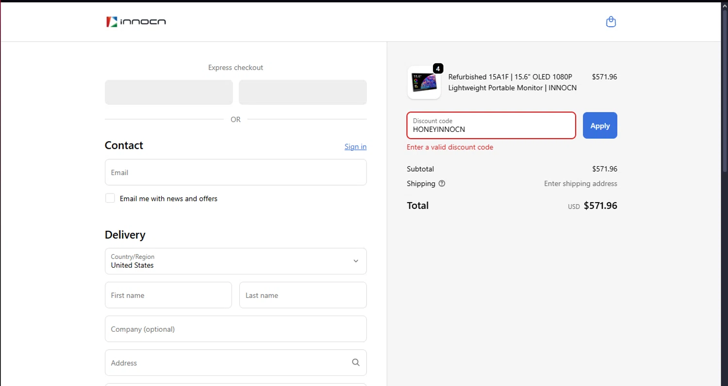 Innocn discount code screenshot showing code HONEYINNOCN applied at Innocn checkout page. Uploaded by SimplyCodes community member MoneyScout2554 on Nov 17, 2025