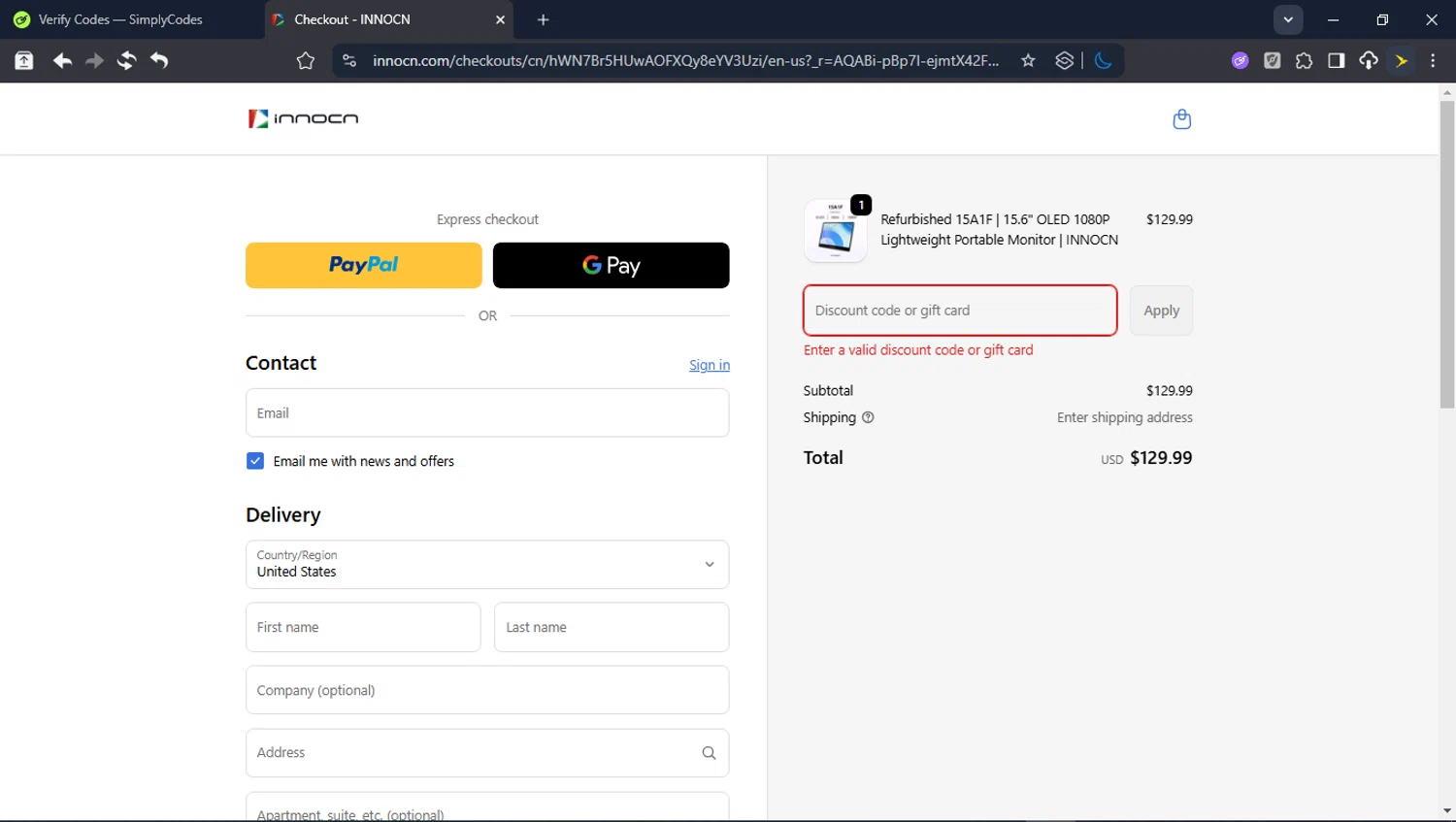 Innocn discount code screenshot showing code HONEYINNOCN applied at Innocn checkout page. Uploaded by SimplyCodes community member userrandon on Jan 3, 2026