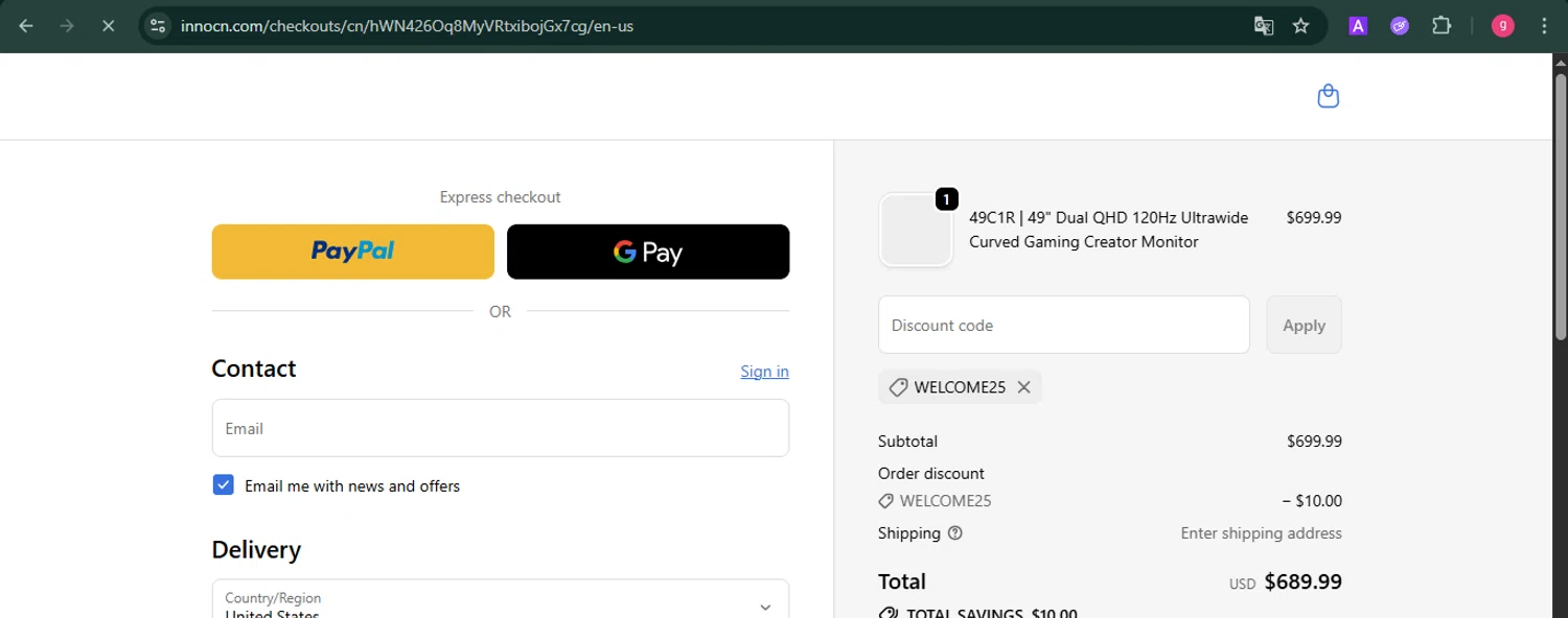 Innocn discount code screenshot showing code WELCOME25 applied at Innocn checkout page. Uploaded by SimplyCodes community member MoneyFalcon481 on Oct 12, 2025