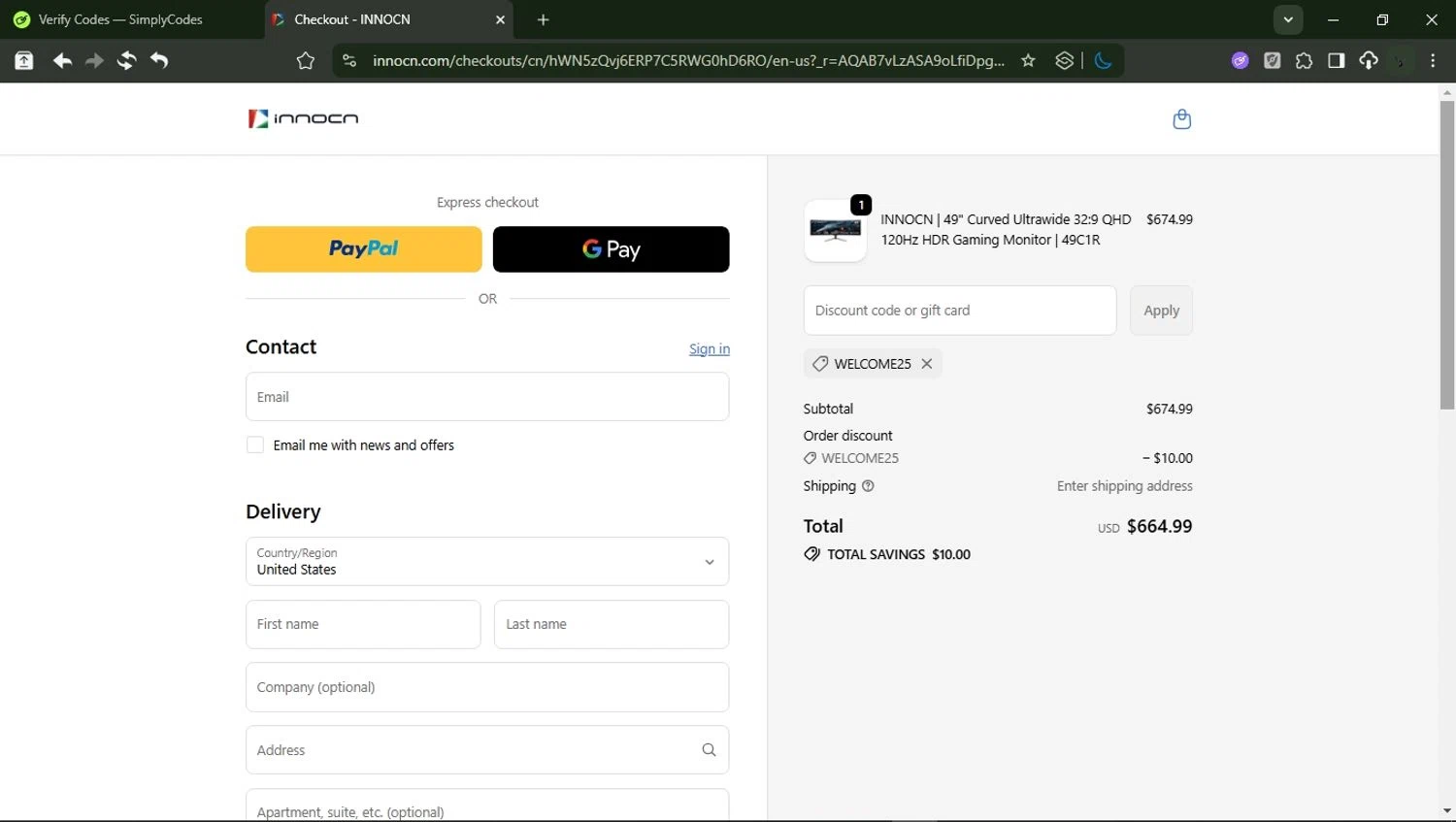 Innocn discount code screenshot showing code WELCOME25 applied at Innocn checkout page. Uploaded by SimplyCodes community member RewardMonarch1185 on Dec 3, 2025