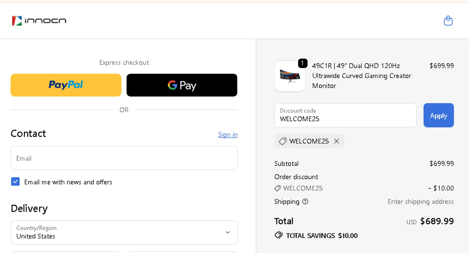 Innocn discount code screenshot showing code WELCOME25 applied at Innocn checkout page. Uploaded by SimplyCodes community member AMANDA2681 on Oct 12, 2025
