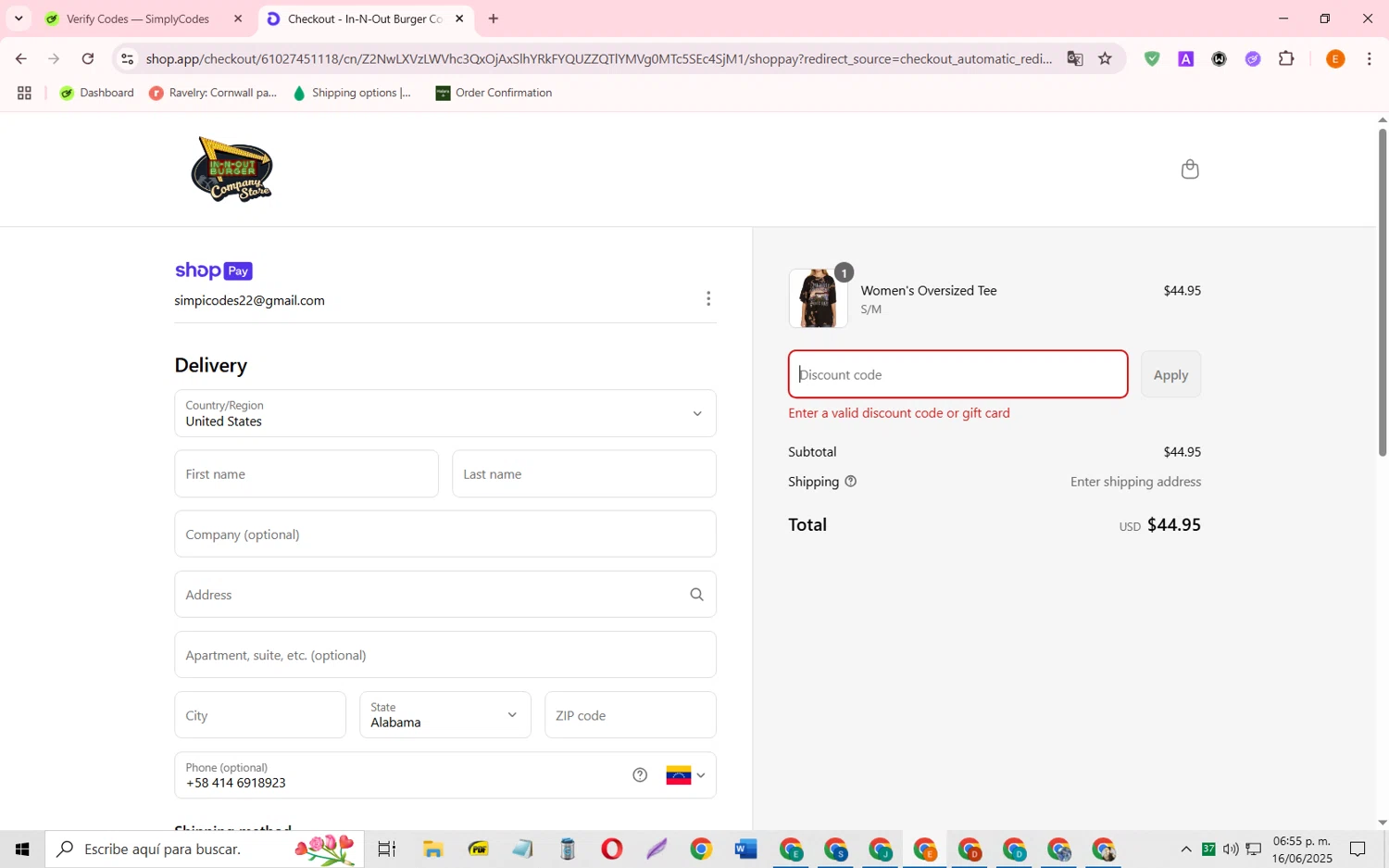 In-N-Out Burger Company Store promo code screenshot showing code FREESHIPTODAY applied at In-N-Out Burger Company Store checkout page. Uploaded by SimplyCodes community member RewardFalcon3197 on Jun 16, 2025