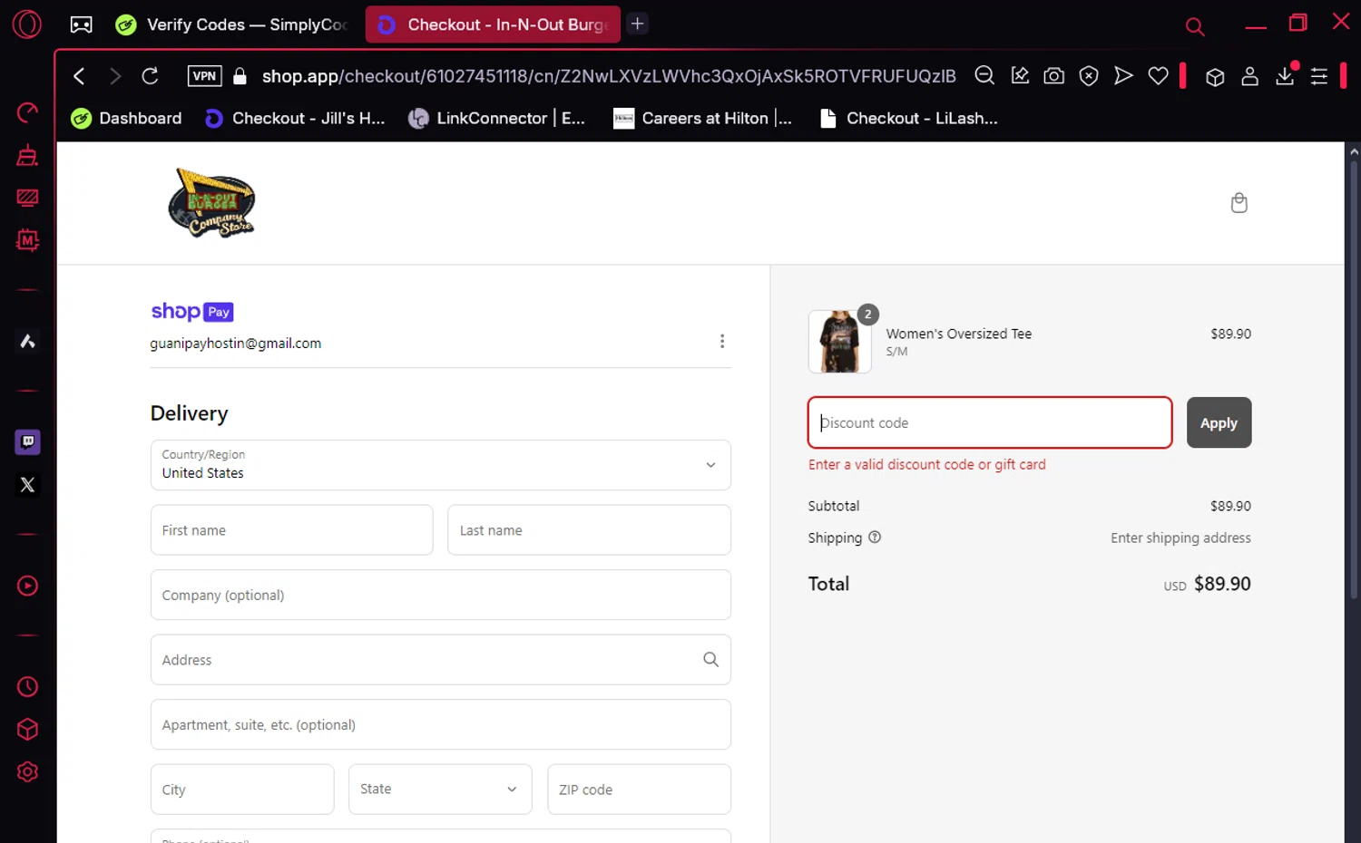 In-N-Out Burger Company Store promo code screenshot showing code FREESHIPTODAY applied at In-N-Out Burger Company Store checkout page. Uploaded by SimplyCodes community member lyffytaro on Mar 7, 2025