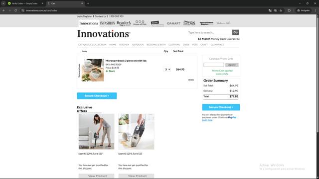 Innovations checkout page showing Innovations promo code box | Screenshot taken by SimplyCodes community member on Aug 4, 2025