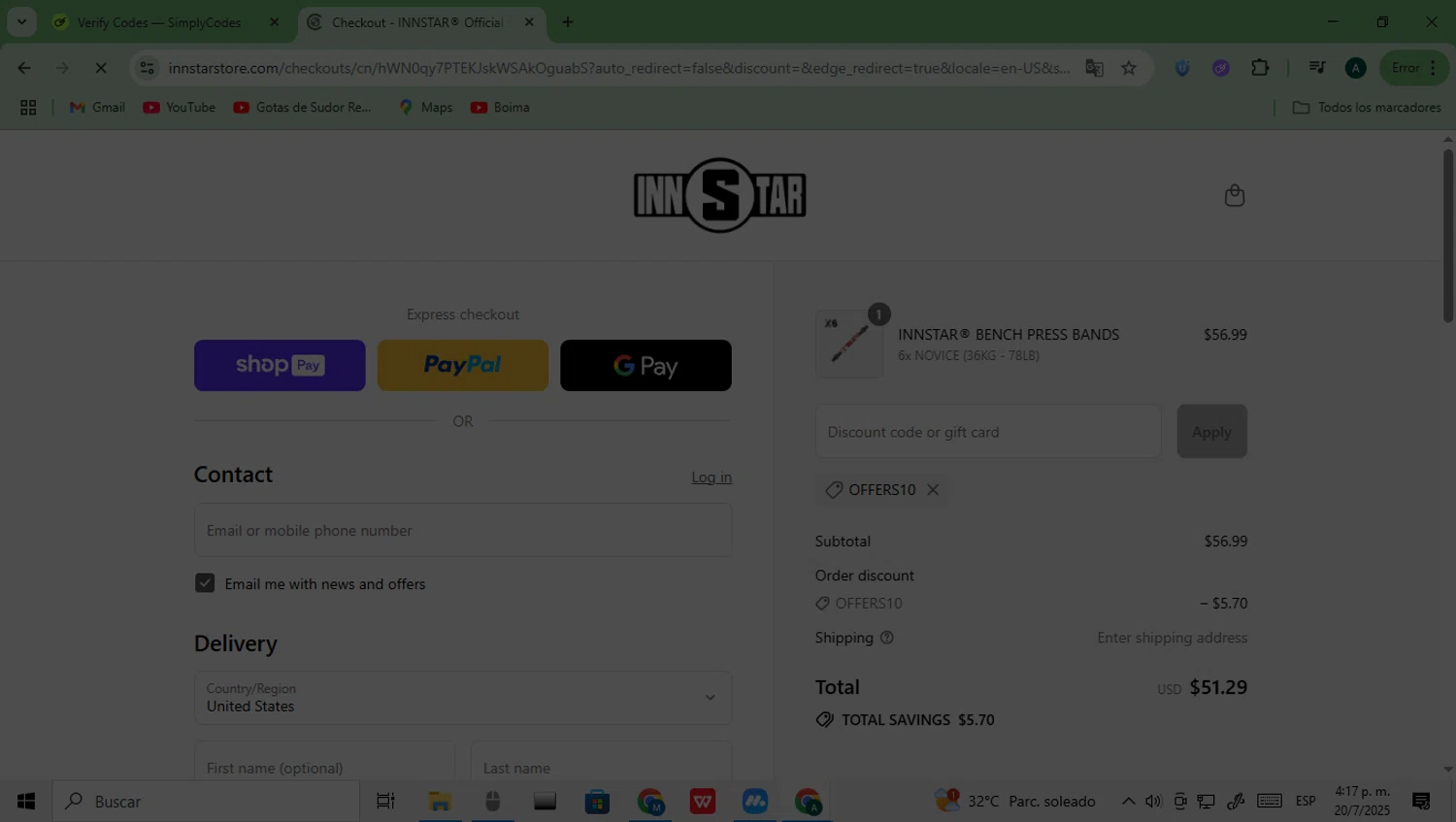 INNSTAR discount code screenshot showing code offers10 applied at INNSTAR checkout page. Uploaded by SimplyCodes community member Saturno on Jul 20, 2025