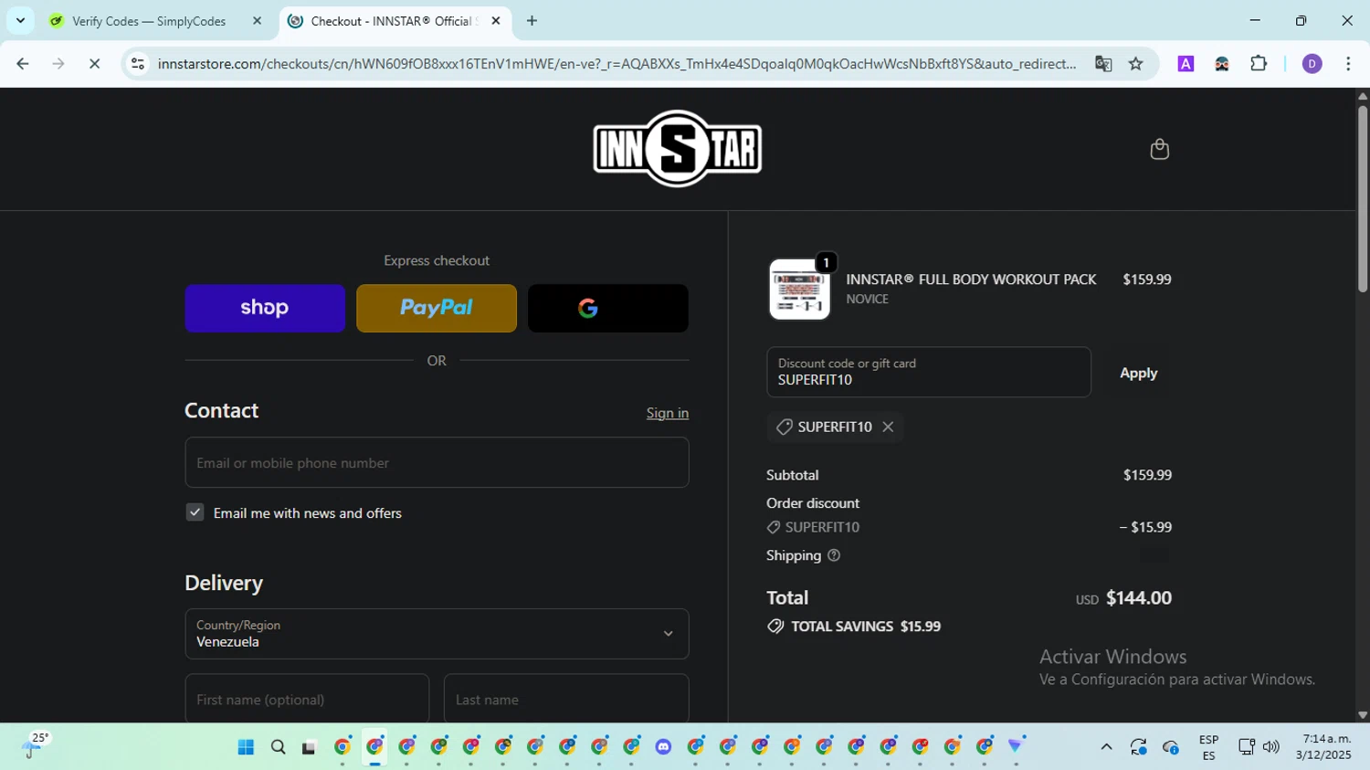 INNSTAR discount code screenshot showing code SUPERFIT10 applied at INNSTAR checkout page. Uploaded by SimplyCodes community member EpicSpotter8045 on Dec 3, 2025