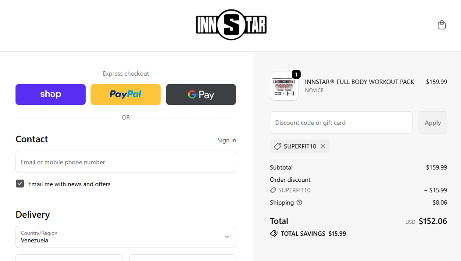 INNSTAR discount code screenshot showing code SUPERFIT10 applied at INNSTAR checkout page. Uploaded by SimplyCodes community member Stun222 on Dec 2, 2025