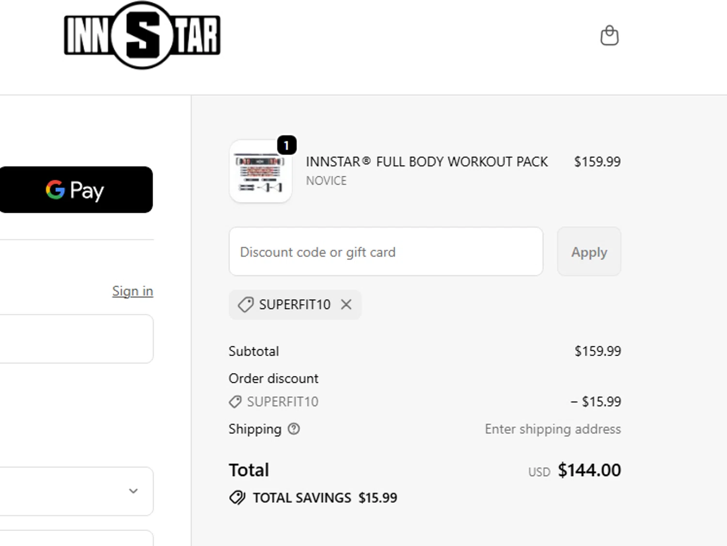 INNSTAR discount code screenshot showing code SUPERFIT10 applied at INNSTAR checkout page. Uploaded by SimplyCodes community member Toundji on Oct 8, 2025