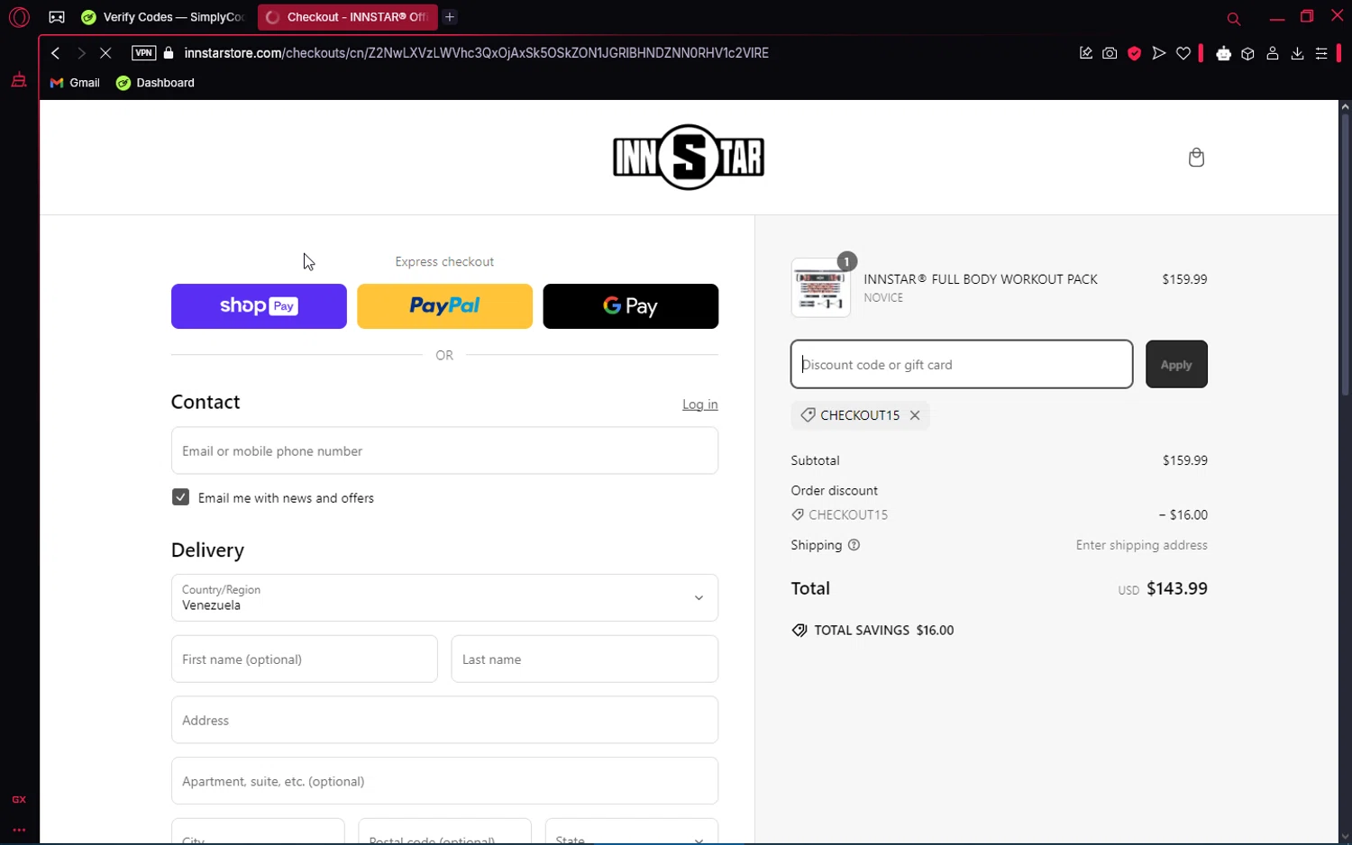 INNSTAR discount code screenshot showing code CHECKOUT15 applied at INNSTAR checkout page. Uploaded by SimplyCodes community member VoucherAce8469 on Mar 6, 2025