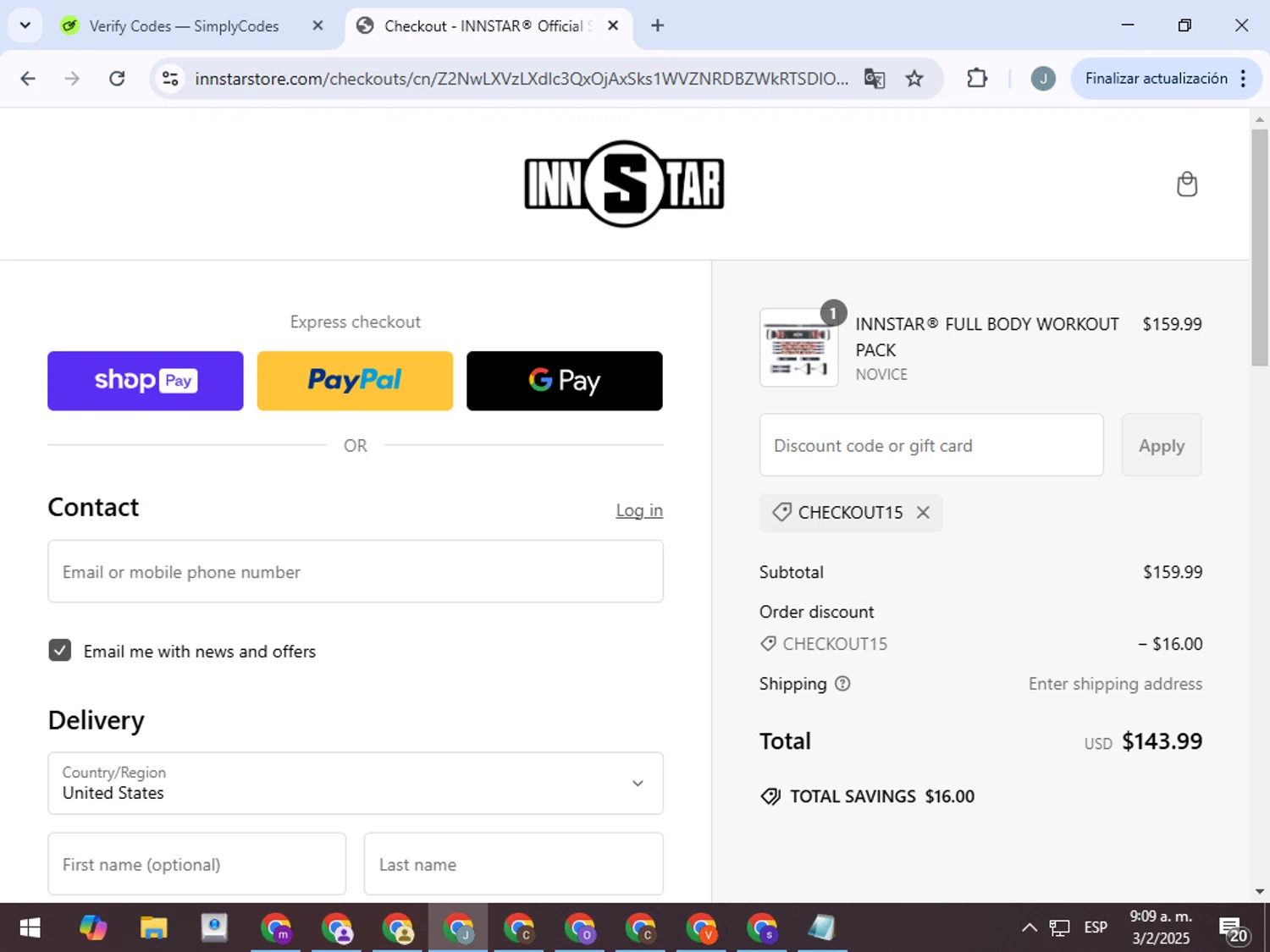 INNSTAR discount code screenshot showing code CHECKOUT15 applied at INNSTAR checkout page. Uploaded by SimplyCodes community member ValueTracker8384 on Feb 3, 2025