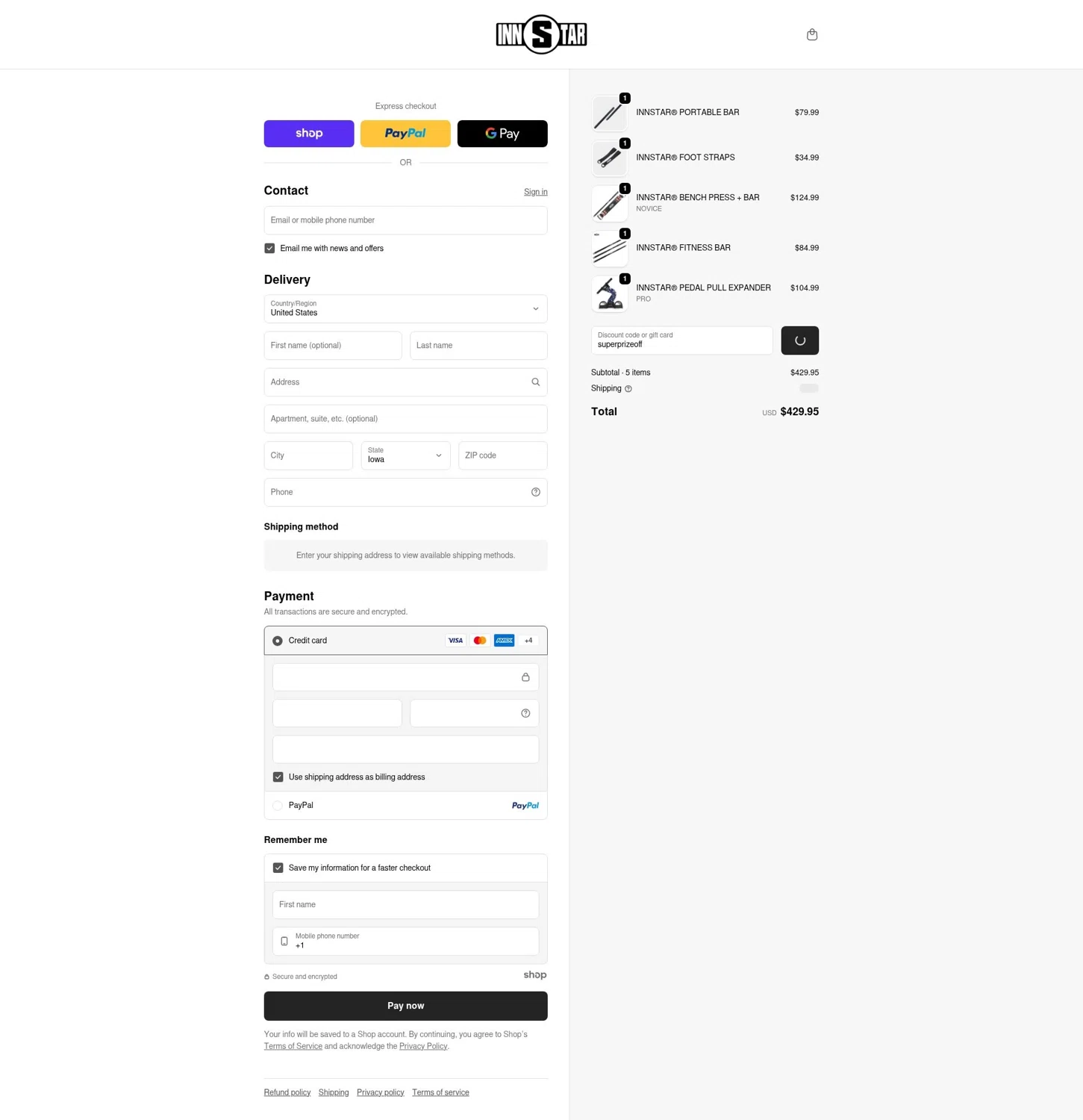 INNSTAR discount code screenshot showing code superprizeoff applied at INNSTAR checkout page. Uploaded by SimplyCodes community member jesus4 on Dec 21, 2025