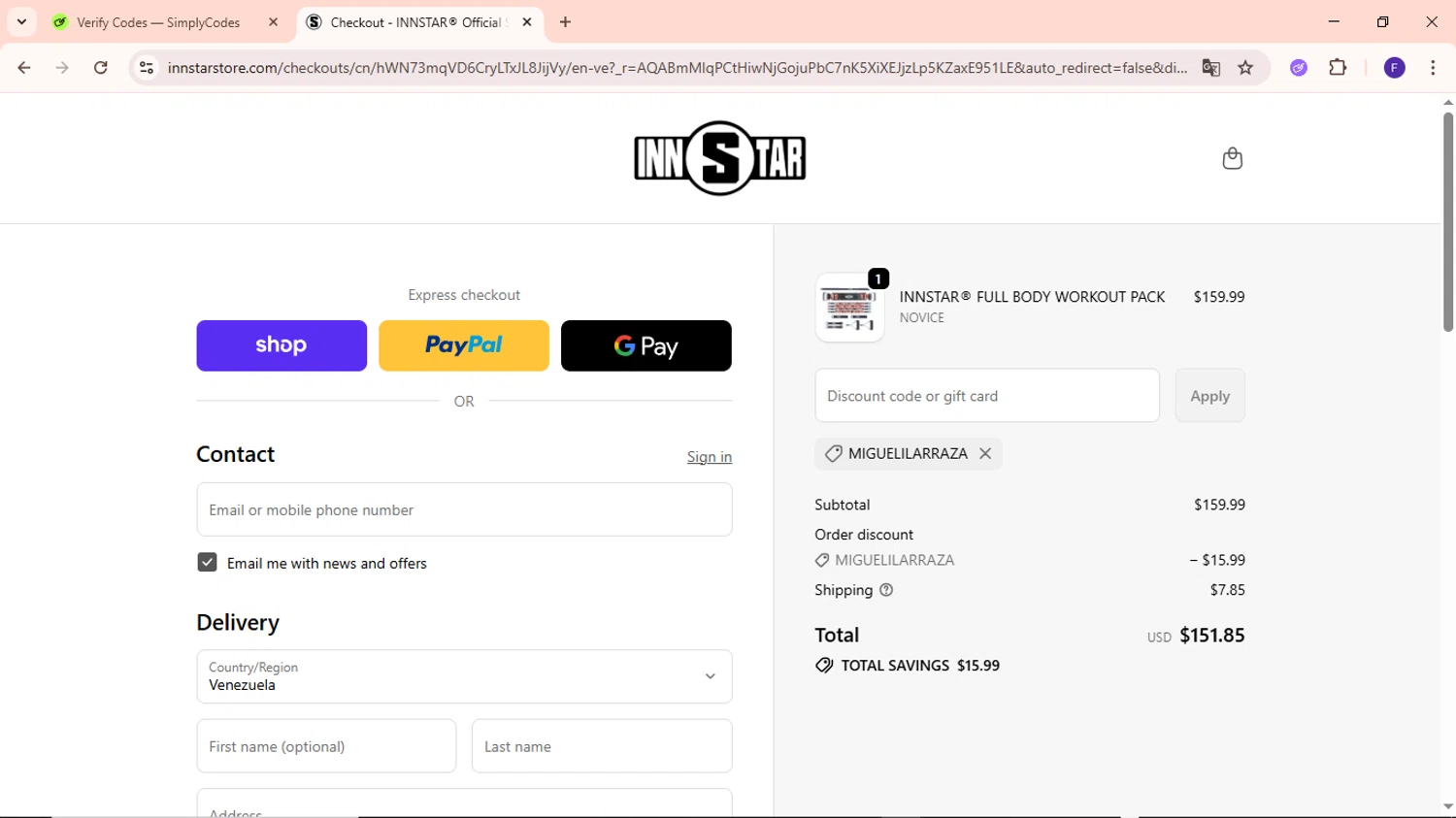 INNSTAR discount code screenshot showing code MIGUELILARRAZA applied at INNSTAR checkout page. Uploaded by SimplyCodes community member MightyCaptain635 on Dec 31, 2025
