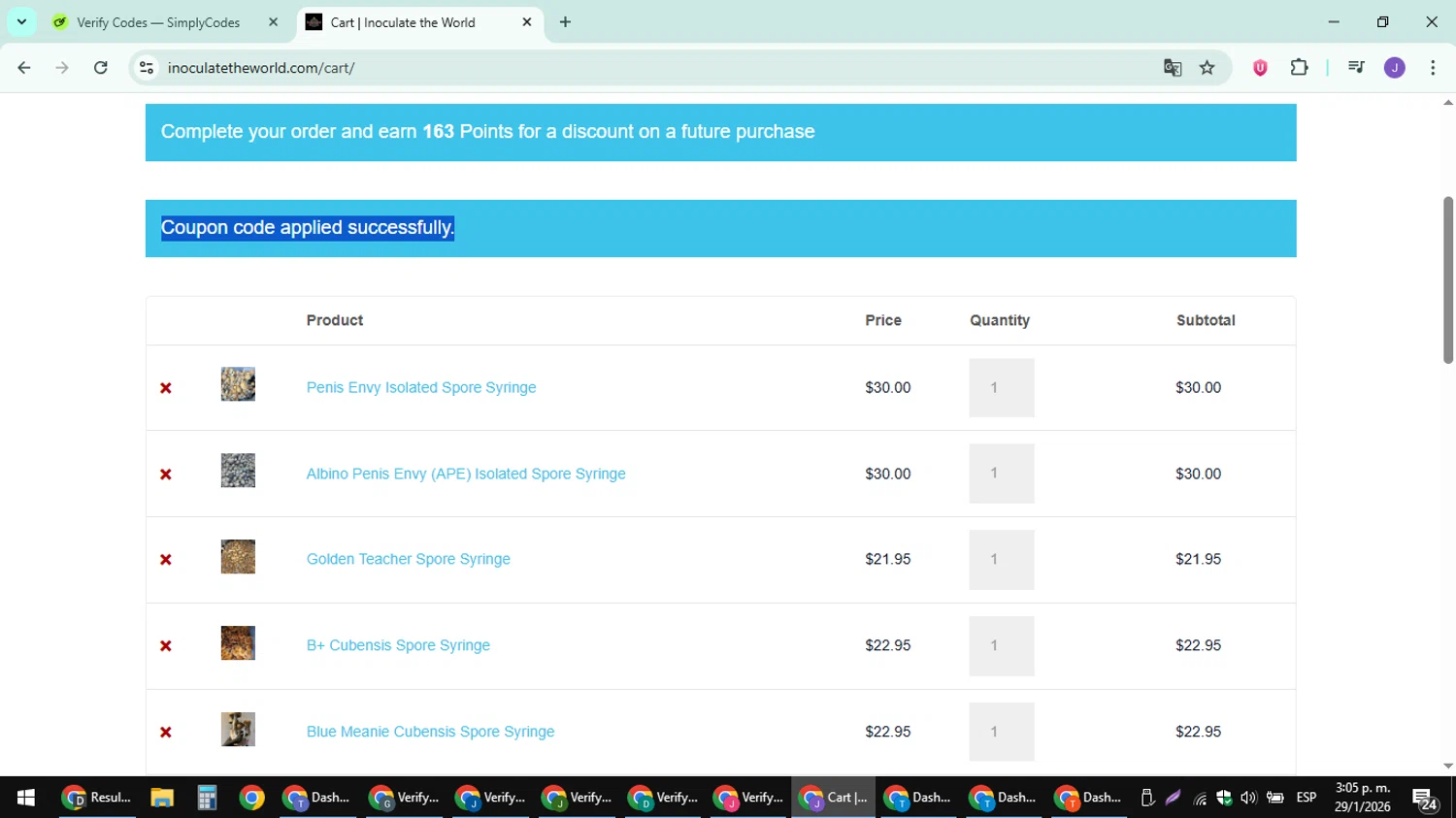 InoculateTheWorld promo code screenshot showing code northspore applied at InoculateTheWorld checkout page. Uploaded by SimplyCodes community member sniderjack453 on Jan 29, 2026